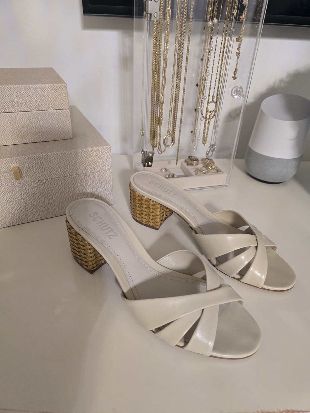 Shutz Women's Cream Woven-Block Heel Slide Sandals